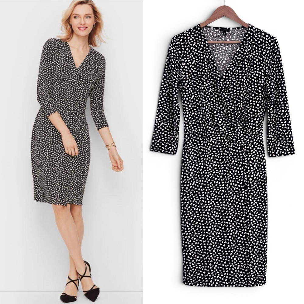 Talbots Women's Medium Black White Heart 3/4 Faux Wrap Surplice Neck Dress NWOT